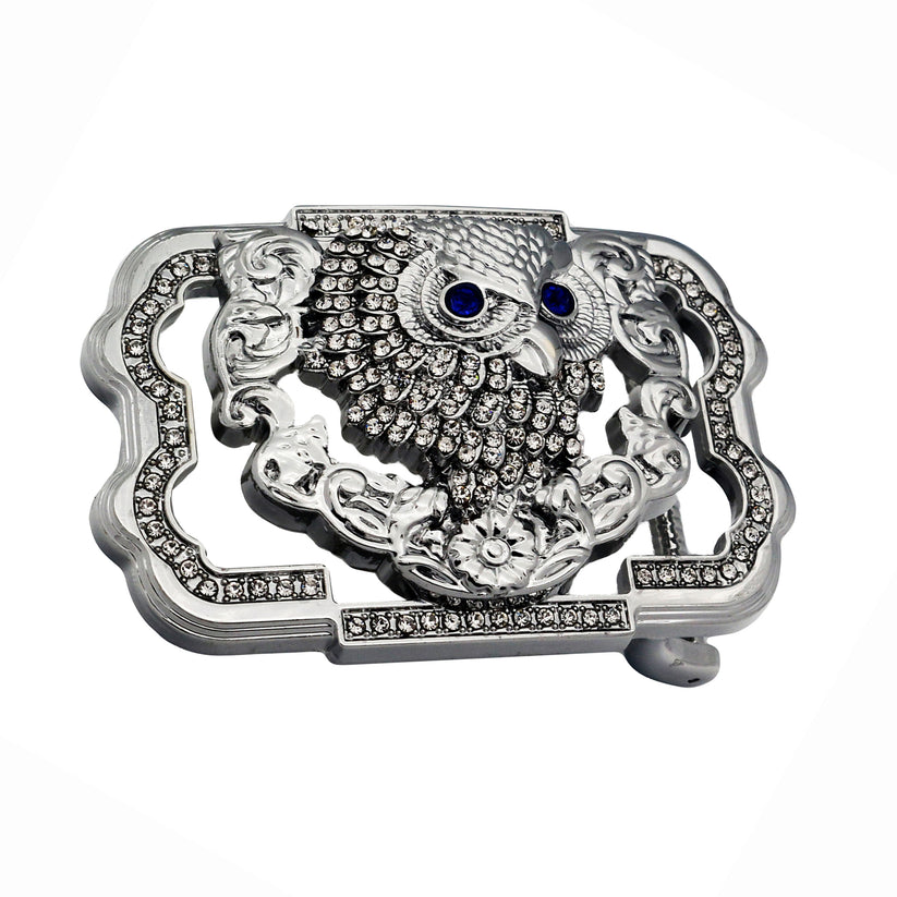 QHA Silver Owl Belt Buckle with Blue Eyes & Rhinestones Fits 38mm - QHA UK