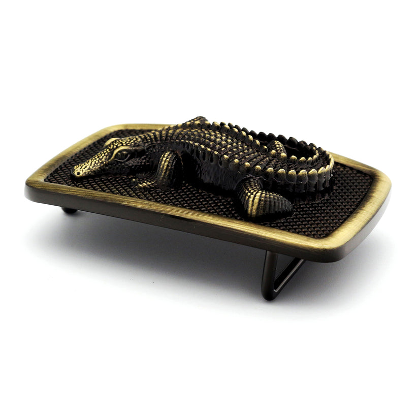 QHA Antique Brass Crocodile Belt Buckle, Textured Alligator - QHA UK