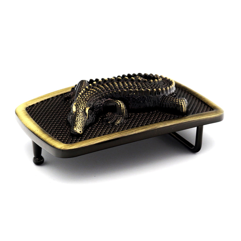 QHA Antique Brass Crocodile Belt Buckle, Textured Alligator - QHA UK