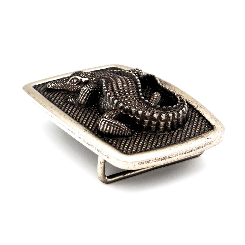 QHA Antique Silver Crocodile Belt Buckle, Textured Alligator - QHA UK