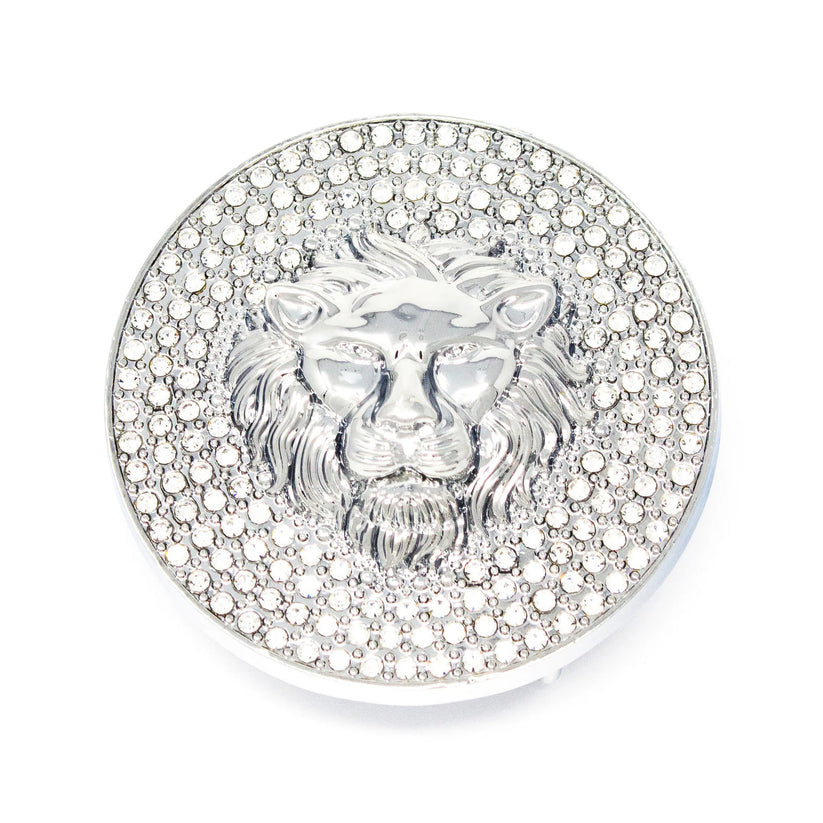 QHA Silver Lion Head Round Belt Buckle, Full Crystal Background - QHA UK