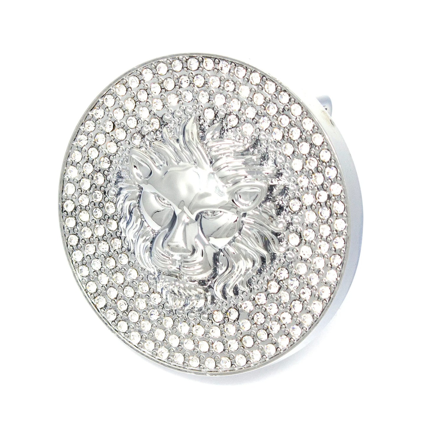 QHA Silver Lion Head Round Belt Buckle, Full Crystal Background - Buckle Detail - QHA UK
