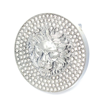 QHA Silver Lion Head Round Belt Buckle, Full Crystal Background - Buckle Detail - QHA UK