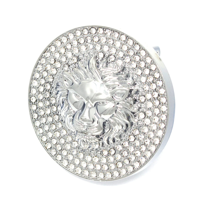 QHA Silver Lion Head Round Belt Buckle, Full Crystal Background - Buckle Detail - QHA UK