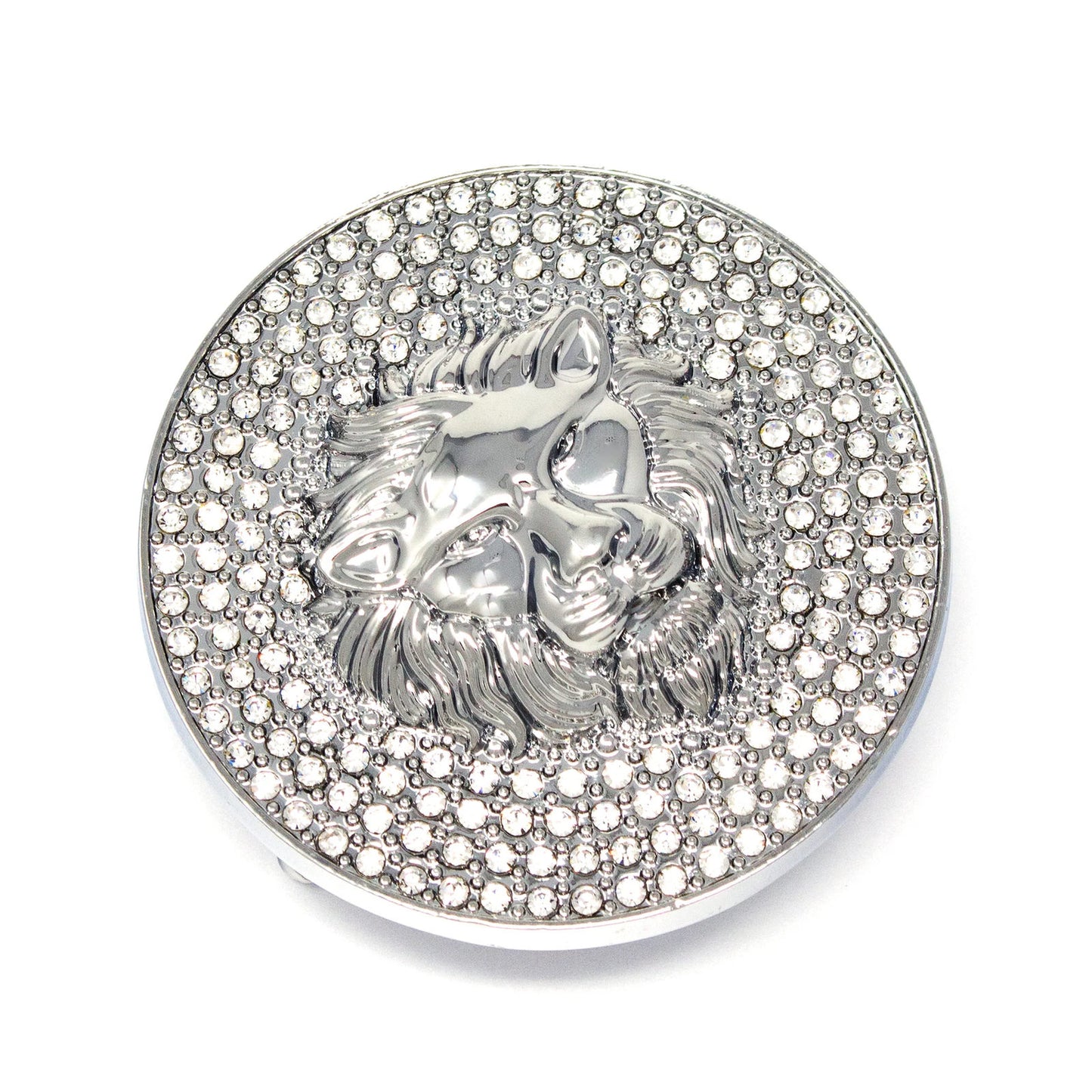 QHA Silver Lion Head Round Belt Buckle, Full Crystal Background - Buckle Detail - QHA UK