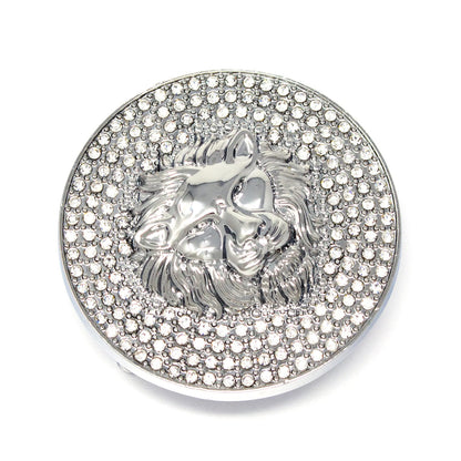 QHA Silver Lion Head Round Belt Buckle, Full Crystal Background - Buckle Detail - QHA UK