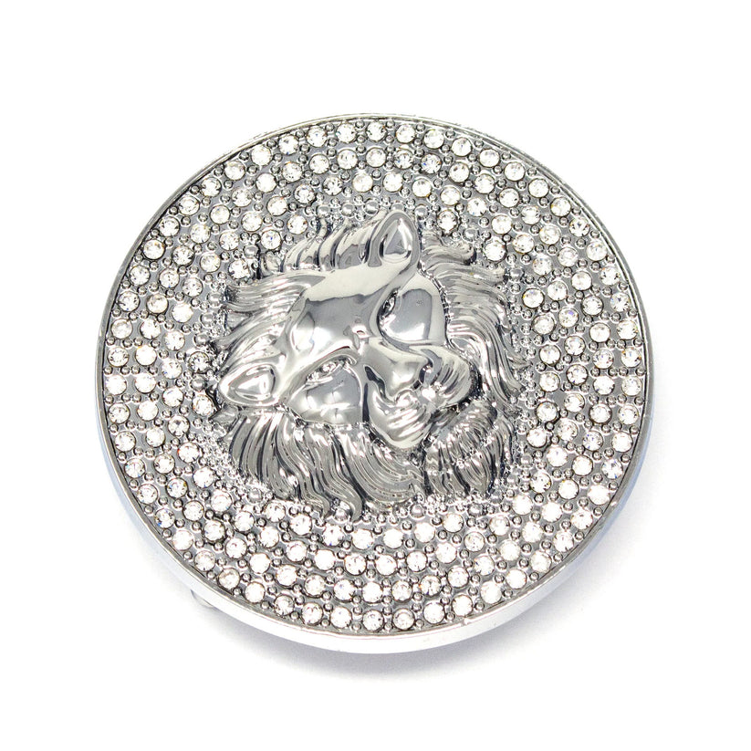 QHA Silver Lion Head Round Belt Buckle, Full Crystal Background - Buckle Detail - QHA UK
