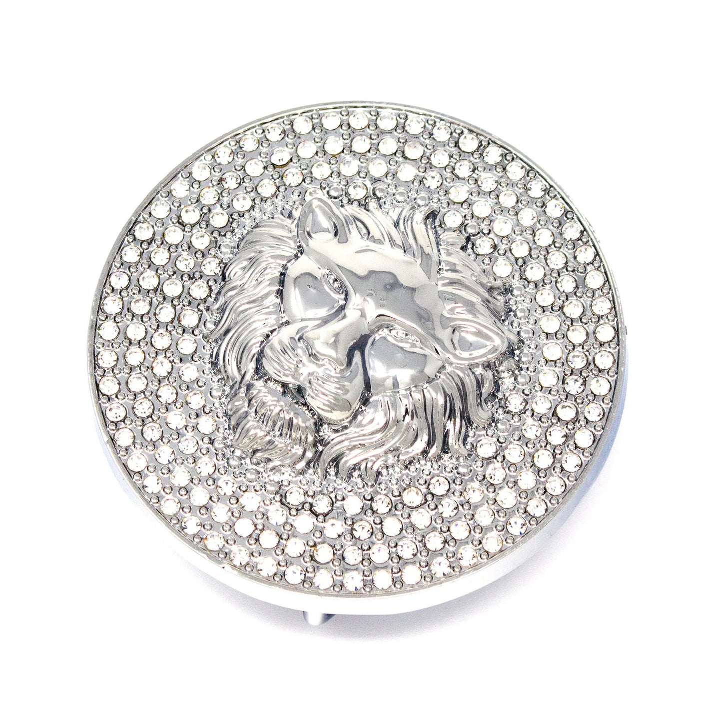 QHA Silver Lion Head Round Belt Buckle, Full Crystal Background - Buckle Detail - QHA UK