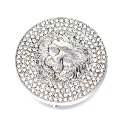 QHA Silver Lion Head Round Belt Buckle, Full Crystal Background - Buckle Detail - QHA UK