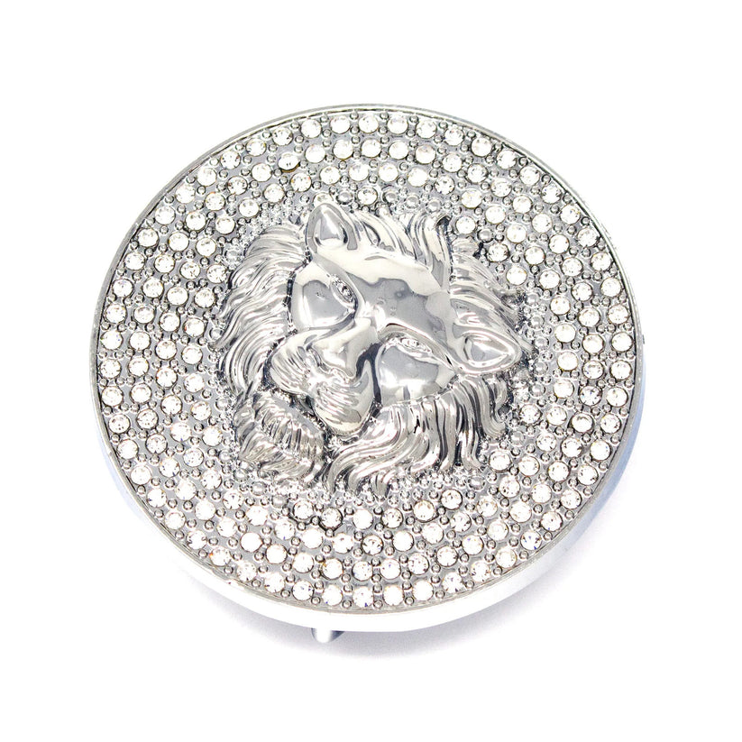 QHA Silver Lion Head Round Belt Buckle, Full Crystal Background - Buckle Detail - QHA UK