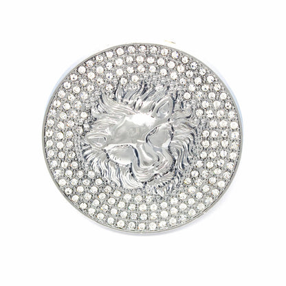 QHA Silver Lion Head Round Belt Buckle, Full Crystal Background - Buckle Detail - QHA UK