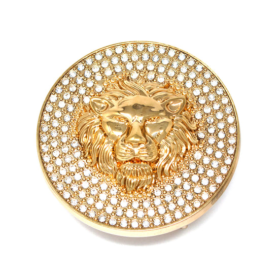 QHA Gold Lion Head Round Belt Buckle, Full Crystal Background - QHA UK