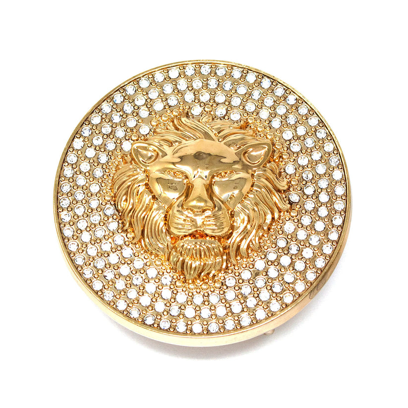 QHA Gold Lion Head Round Belt Buckle, Full Crystal Background - QHA UK