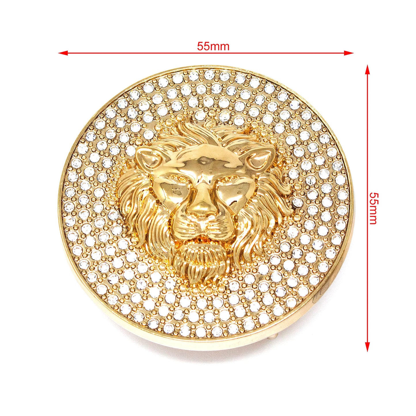 QHA Gold Lion Head Round Belt Buckle, Full Crystal Background - Buckle Detail - QHA UK