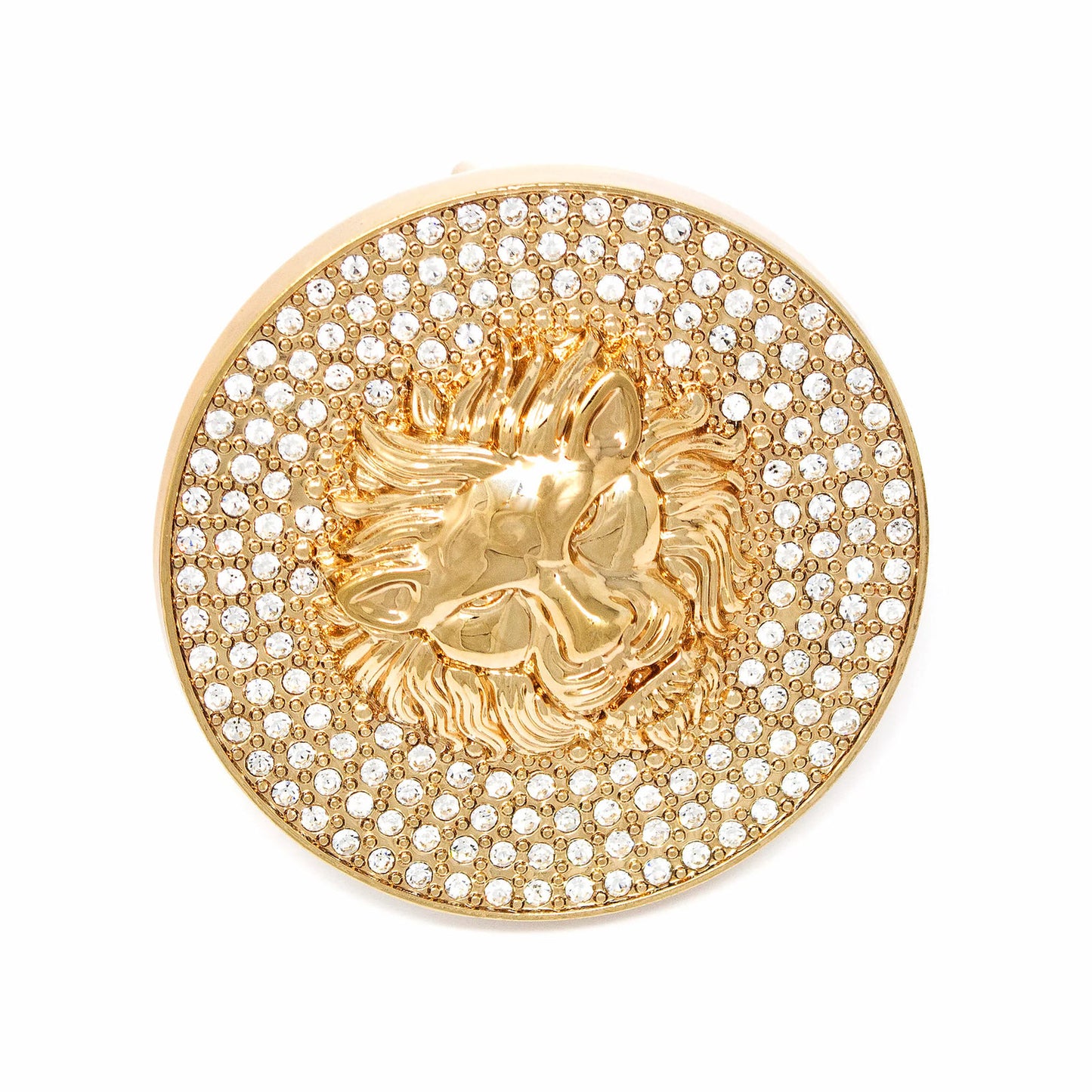 QHA Gold Lion Head Round Belt Buckle, Full Crystal Background - Buckle Detail - QHA UK