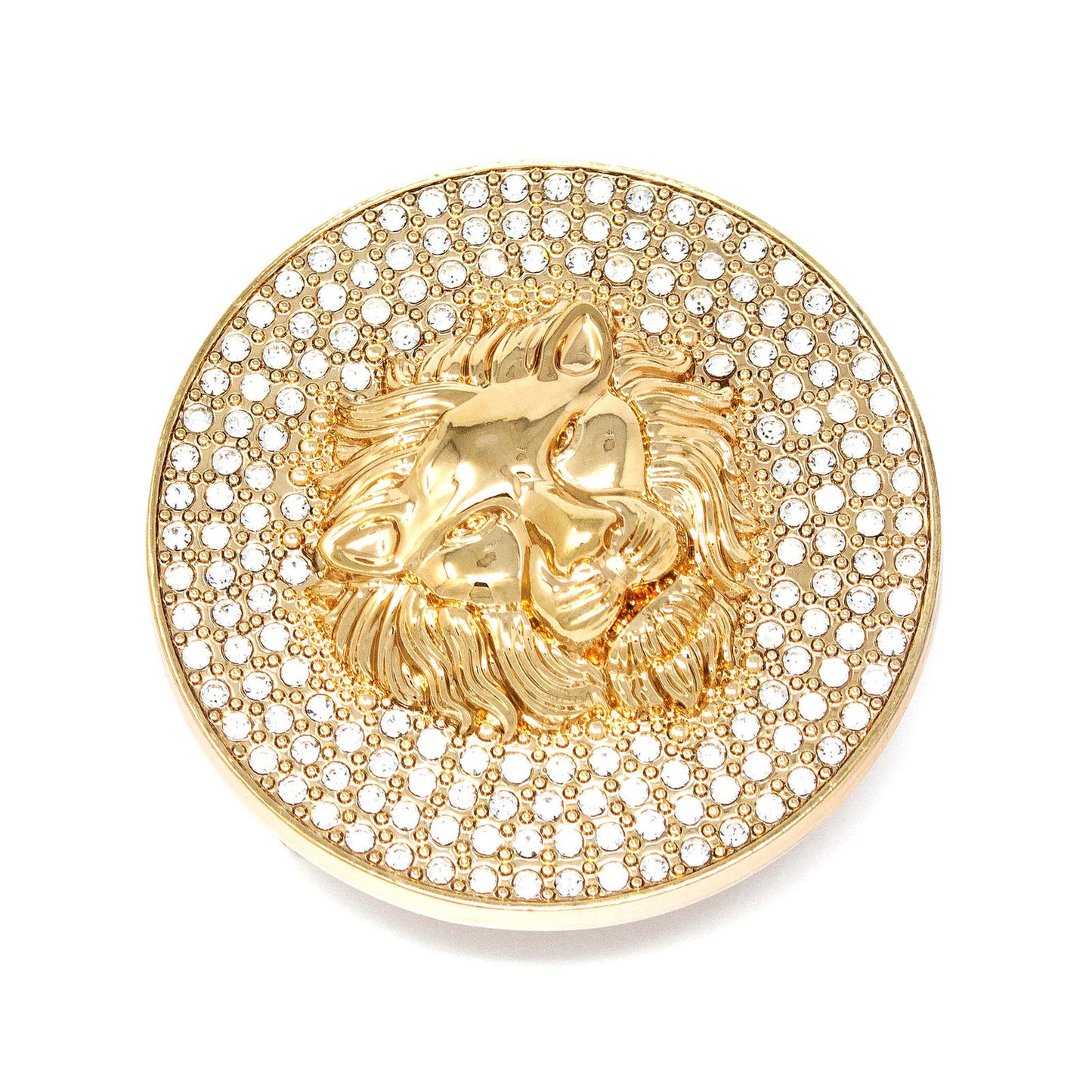 QHA Gold Lion Head Round Belt Buckle, Full Crystal Background - Buckle Detail - QHA UK