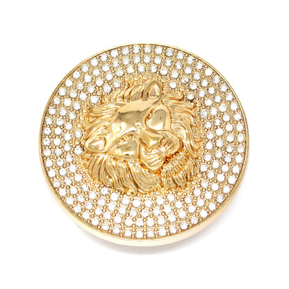 QHA Gold Lion Head Round Belt Buckle, Full Crystal Background - Buckle Detail - QHA UK