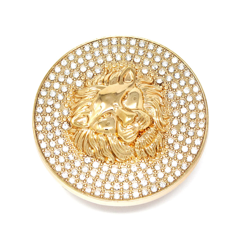 QHA Gold Lion Head Round Belt Buckle, Full Crystal Background - Buckle Detail - QHA UK