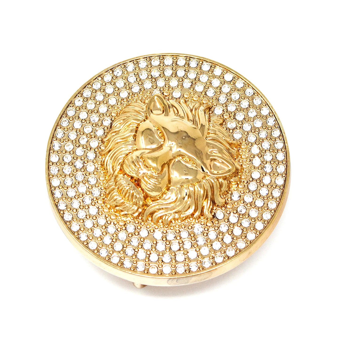 QHA Gold Lion Head Round Belt Buckle, Full Crystal Background - Buckle Detail - QHA UK