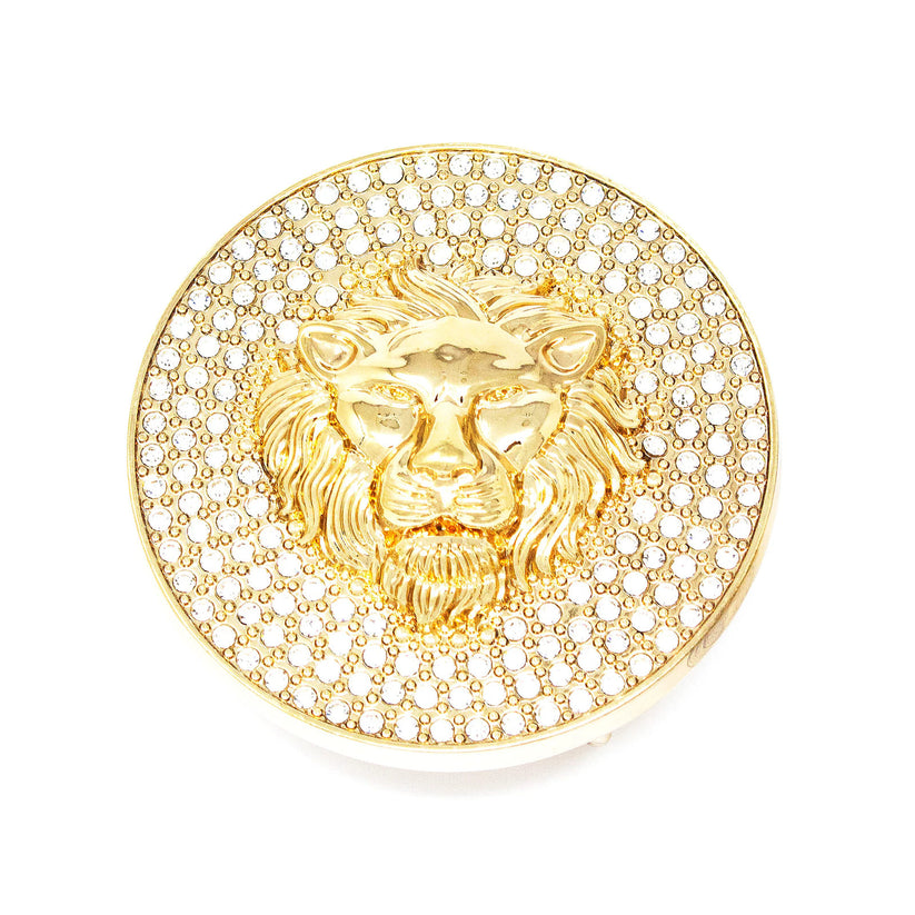 QHA Gold Lion Head Round Belt Buckle, Full Crystal Background - Buckle Detail - QHA UK