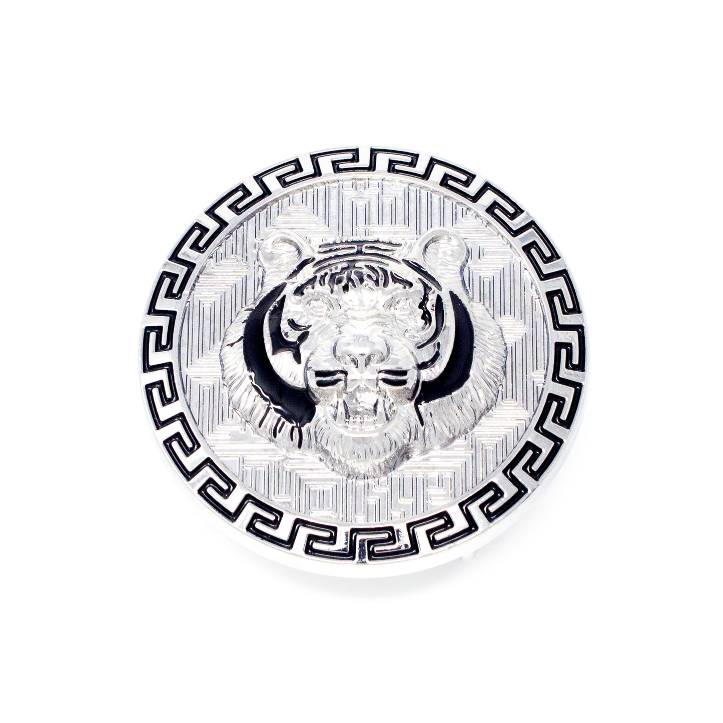 QHA Silver Tiger Head Round Belt Buckle, Black Greek Key Border - QHA UK