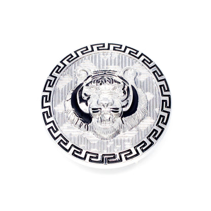 QHA Silver Tiger Head Round Belt Buckle, Black Greek Key Border - QHA UK