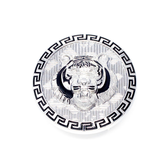 QHA Silver Tiger Head Round Belt Buckle, Black Greek Key Border - QHA UK