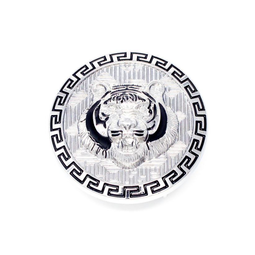 QHA Silver Tiger Head Round Belt Buckle, Black Greek Key Border - QHA UK