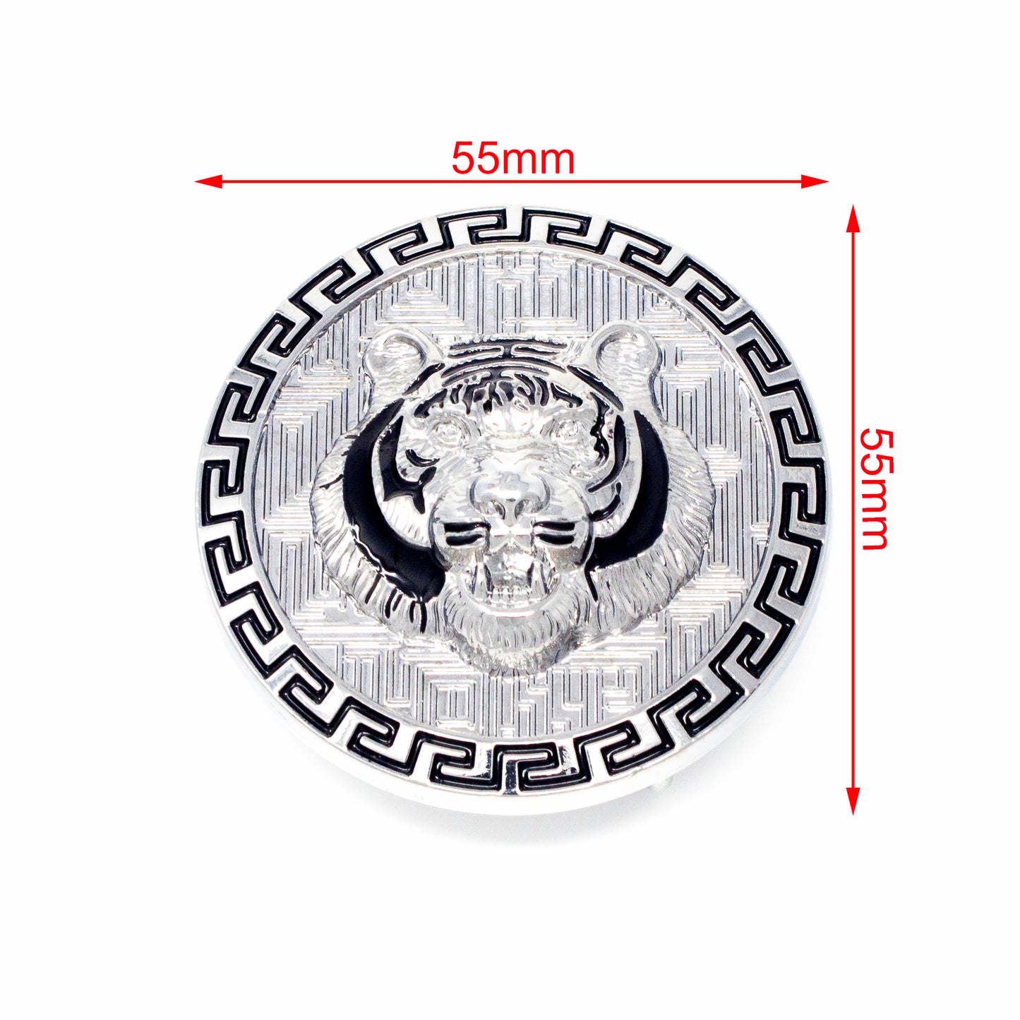 QHA Silver Tiger Head Round Belt Buckle, Black Greek Key Border - Buckle Detail - QHA UK