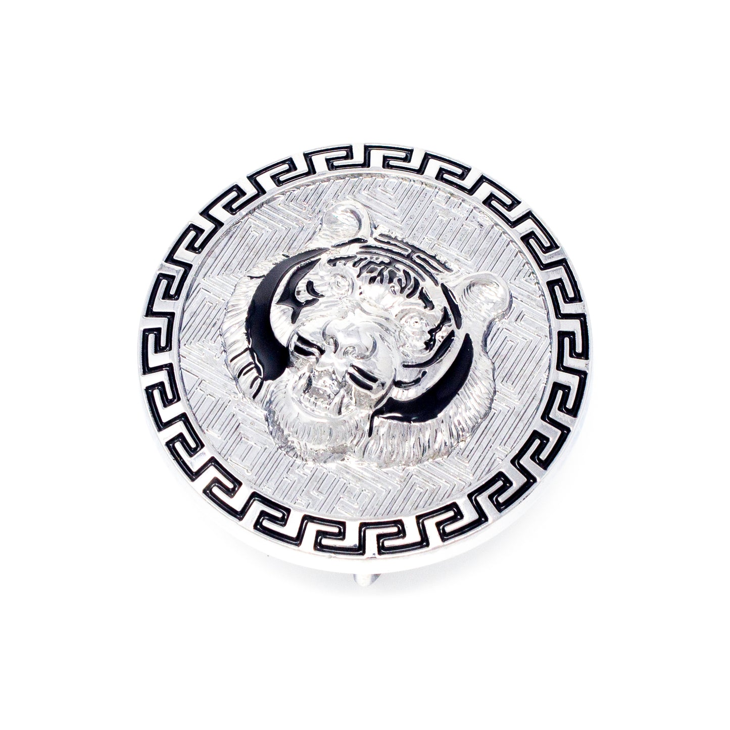 QHA Silver Tiger Head Round Belt Buckle, Black Greek Key Border - Buckle Detail - QHA UK