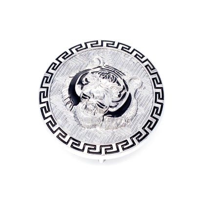 QHA Silver Tiger Head Round Belt Buckle, Black Greek Key Border - Buckle Detail - QHA UK