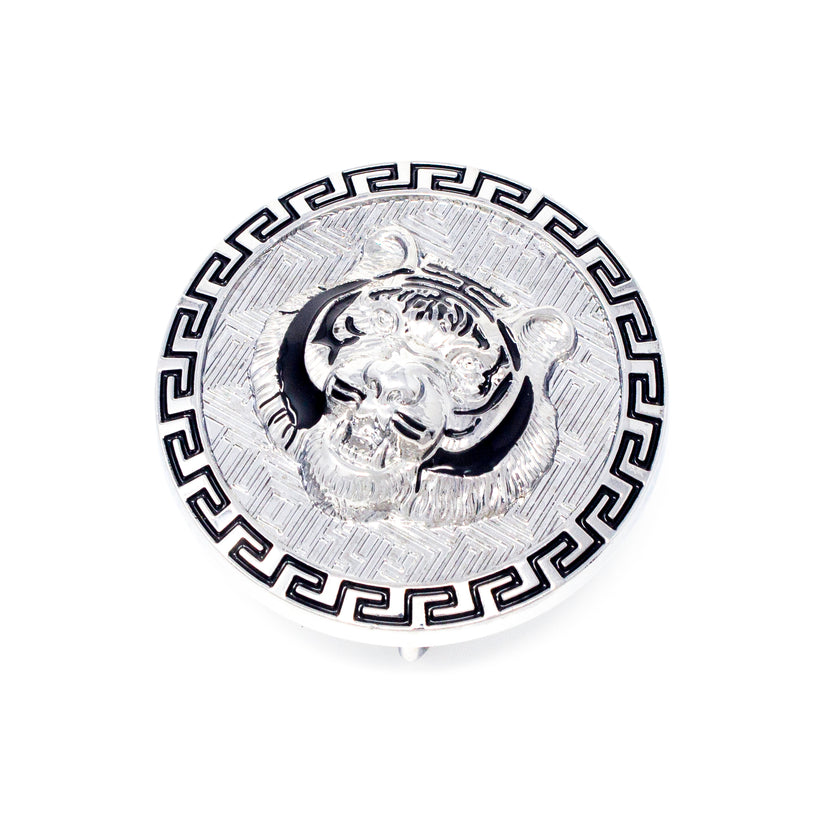 QHA Silver Tiger Head Round Belt Buckle, Black Greek Key Border - Buckle Detail - QHA UK