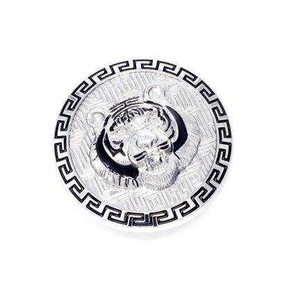 QHA Silver Tiger Head Round Belt Buckle, Black Greek Key Border - Buckle Detail - QHA UK