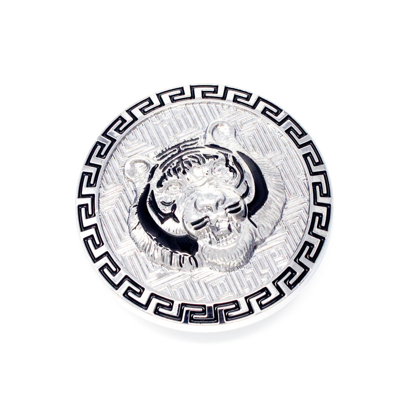 QHA Silver Tiger Head Round Belt Buckle, Black Greek Key Border - Buckle Detail - QHA UK