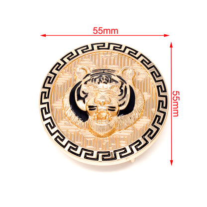 QHA Gold Tiger Head Round Belt Buckle, Black Greek Key Border - Buckle Detail - QHA UK