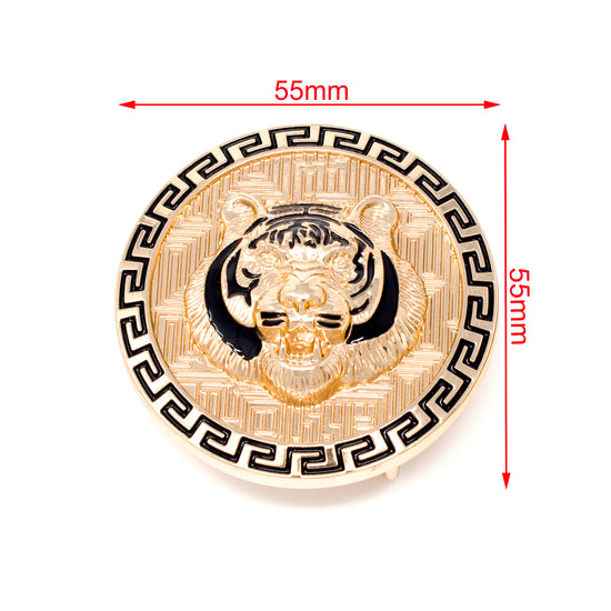 QHA Gold Tiger Head Round Belt Buckle, Black Greek Key Border - Buckle Detail - QHA UK