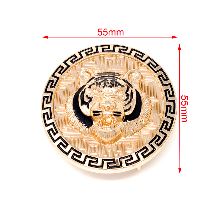 QHA Gold Tiger Head Round Belt Buckle, Black Greek Key Border - Buckle Detail - QHA UK