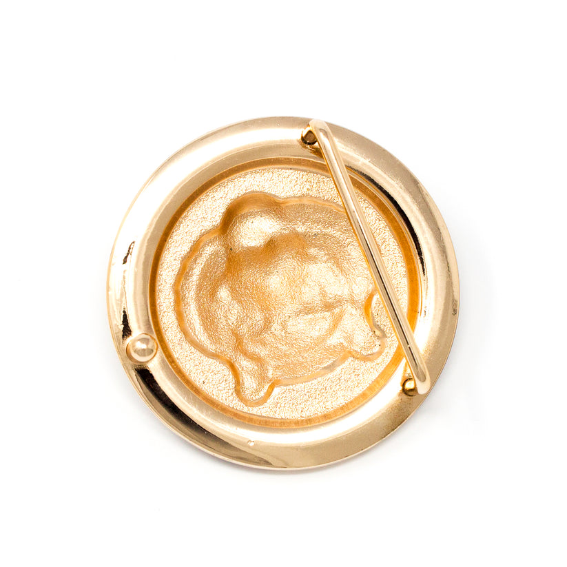 QHA Gold Tiger Head Round Belt Buckle, Black Greek Key Border - Buckle Detail - QHA UK