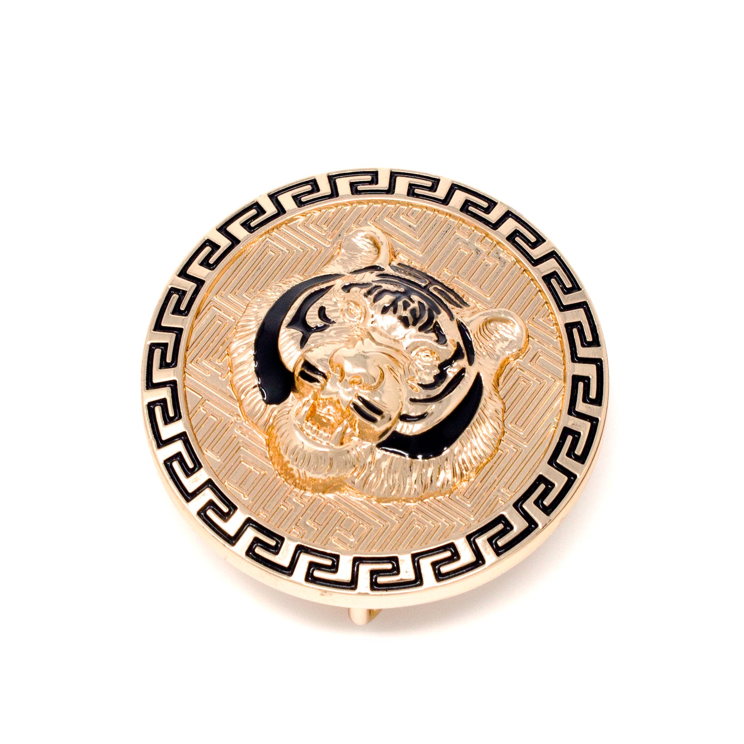QHA Gold Tiger Head Round Belt Buckle, Black Greek Key Border - Buckle Detail - QHA UK