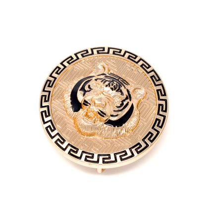 QHA Gold Tiger Head Round Belt Buckle, Black Greek Key Border - Buckle Detail - QHA UK