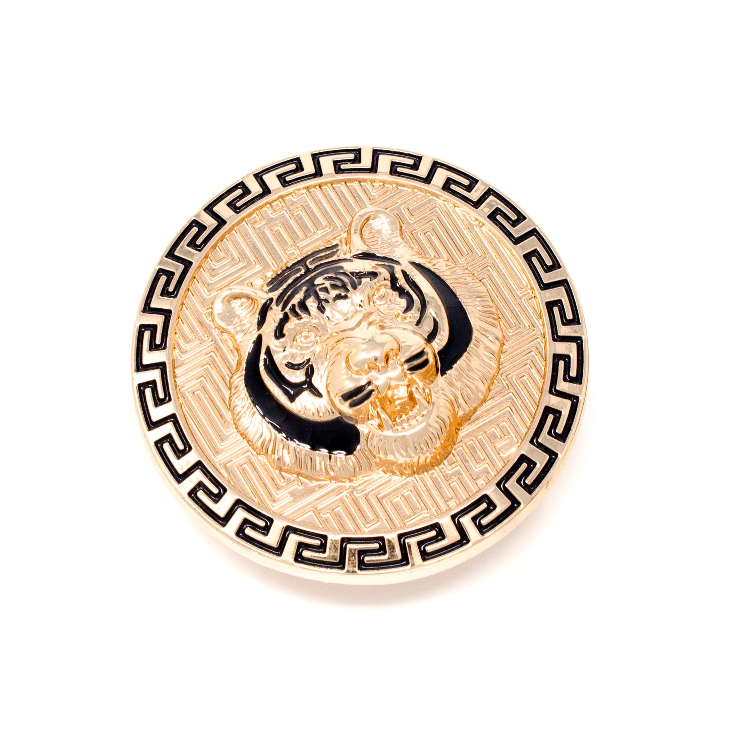 QHA Gold Tiger Head Round Belt Buckle, Black Greek Key Border - Buckle Detail - QHA UK