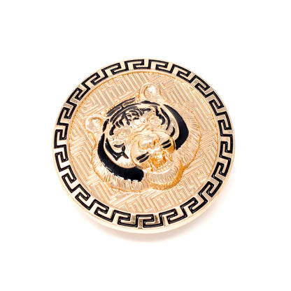 QHA Gold Tiger Head Round Belt Buckle, Black Greek Key Border - Buckle Detail - QHA UK