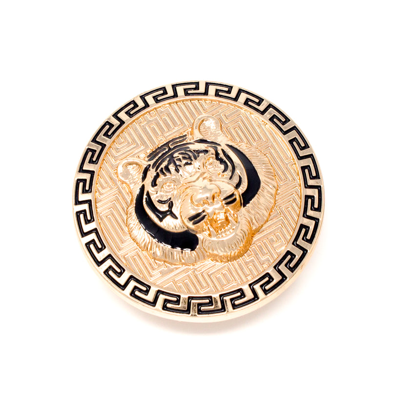 QHA Gold Tiger Head Round Belt Buckle, Black Greek Key Border - Buckle Detail - QHA UK