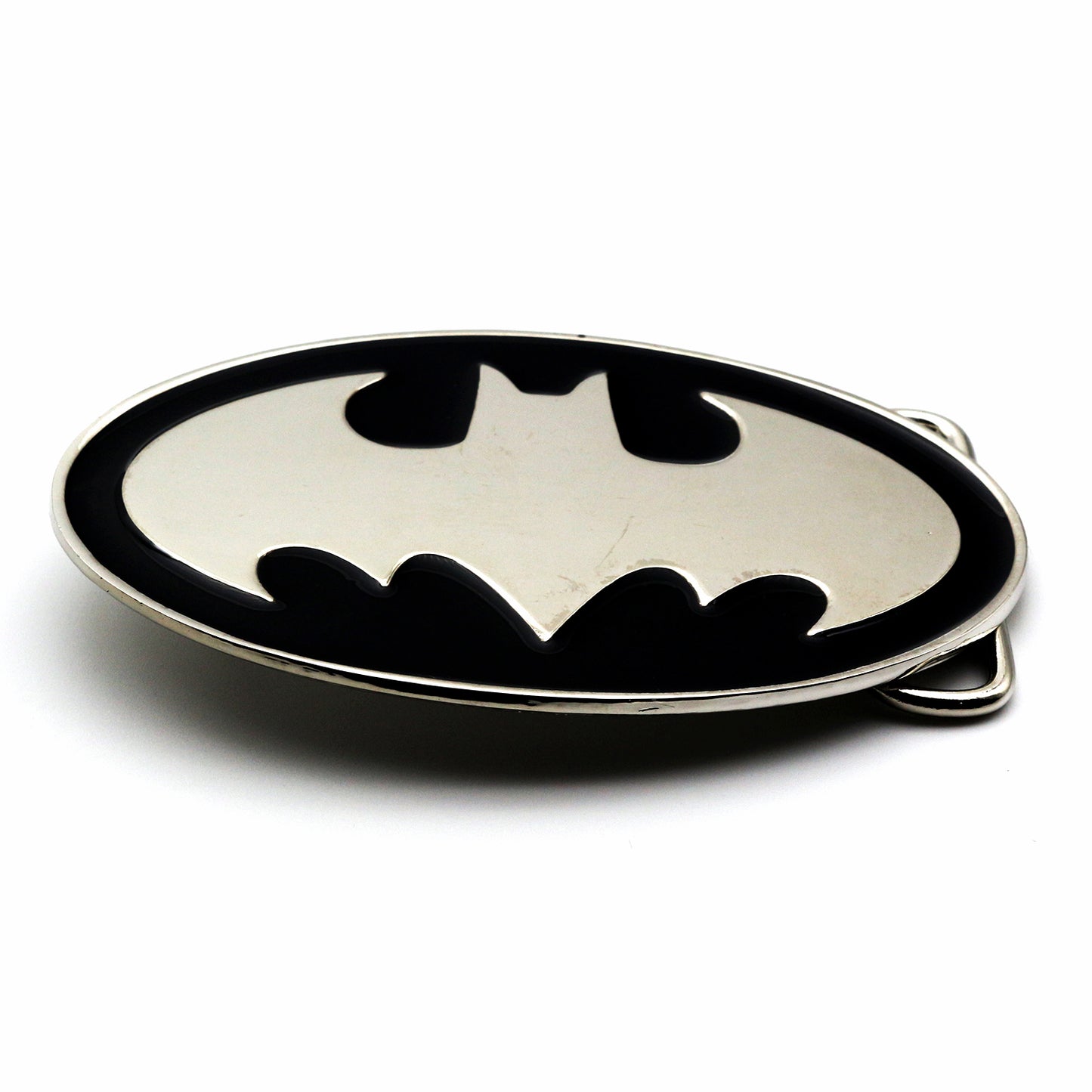 QHA Mens Silver Bat Symbol Oval Belt Buckle, Fits 38mm Snap-On - Buckle Detail - QHA UK