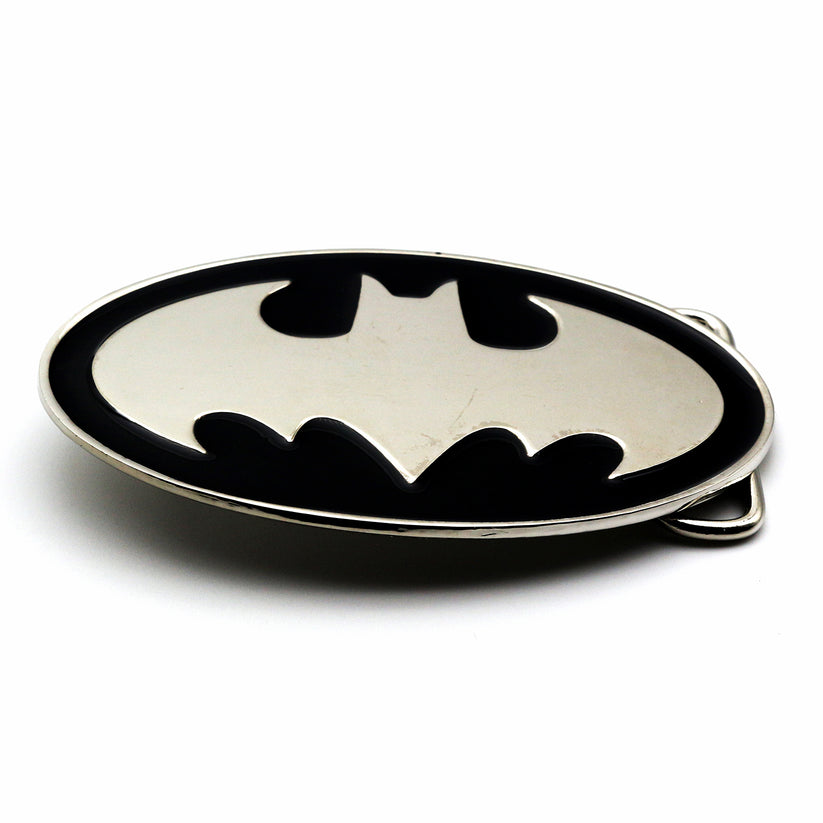 QHA Mens Silver Bat Symbol Oval Belt Buckle, Fits 38mm Snap-On - Buckle Detail - QHA UK
