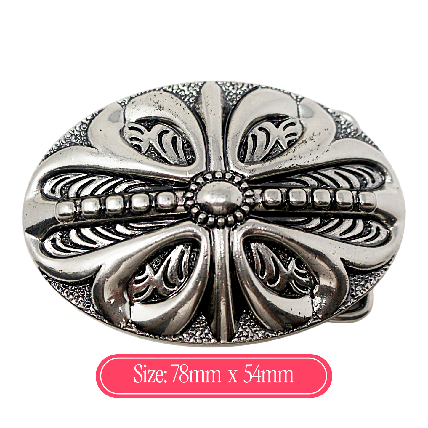 QHA Mens Antique Silver Western Floral Cross Belt Buckle Fits - Buckle Detail - QHA UK