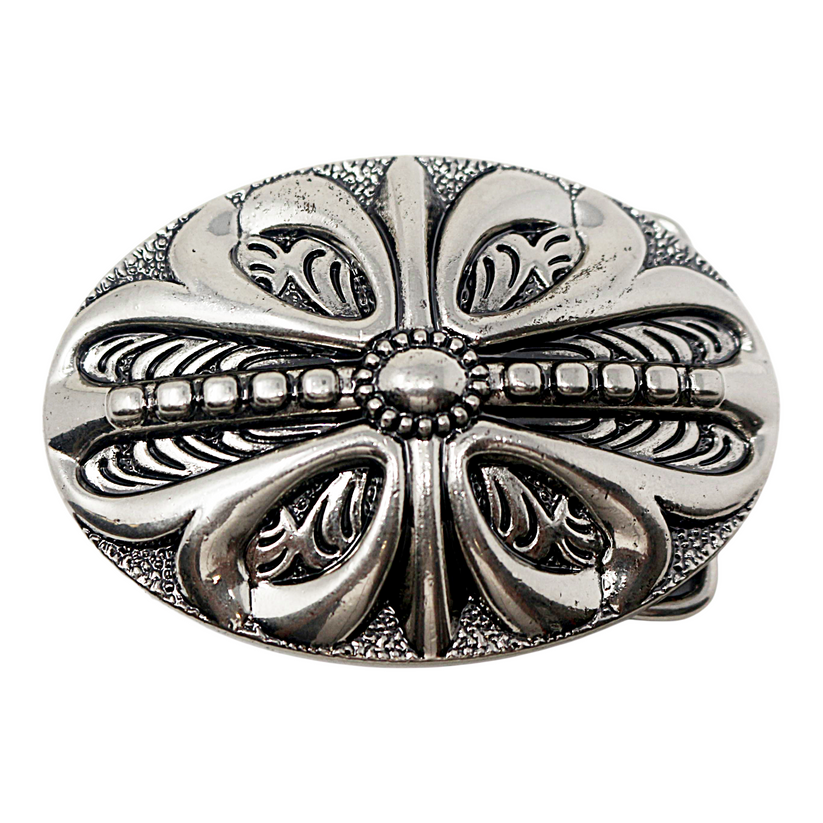 QHA Mens Antique Silver Western Floral Cross Belt Buckle Fits - Buckle Detail - QHA UK