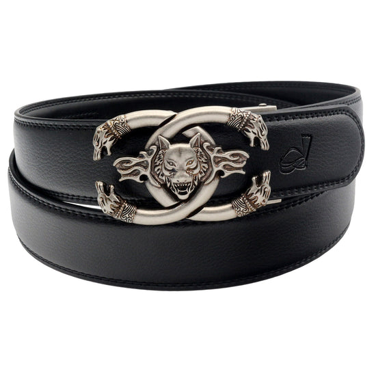 QHA Men's Leather Ratchet Belt | 3D Wolf Buckle | 35mm | Silver & Gold | Q19 - QHA UK