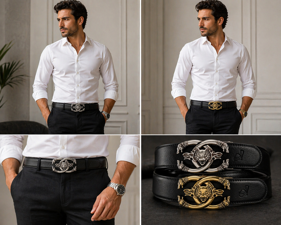 QHA Men's Leather Ratchet Belt | 3D Wolf Buckle | 35mm | Silver & Gold | Q19 - QHA UK