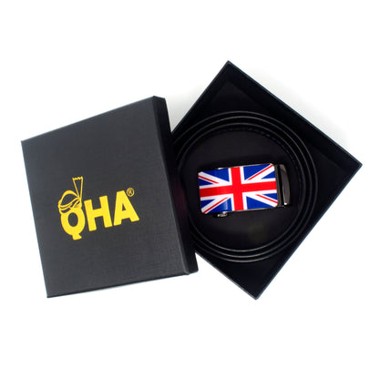QHA Mens Union Jack Ratchet Belt 35mm British Flag Automatic Buckle Q53 - QHA UK